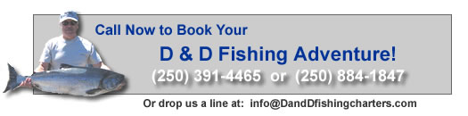Phone 250.391.4465 to book the fishing adventure of a lifetime. D&D Fishing Charters is your salmon & halibut fishing charter specialist.